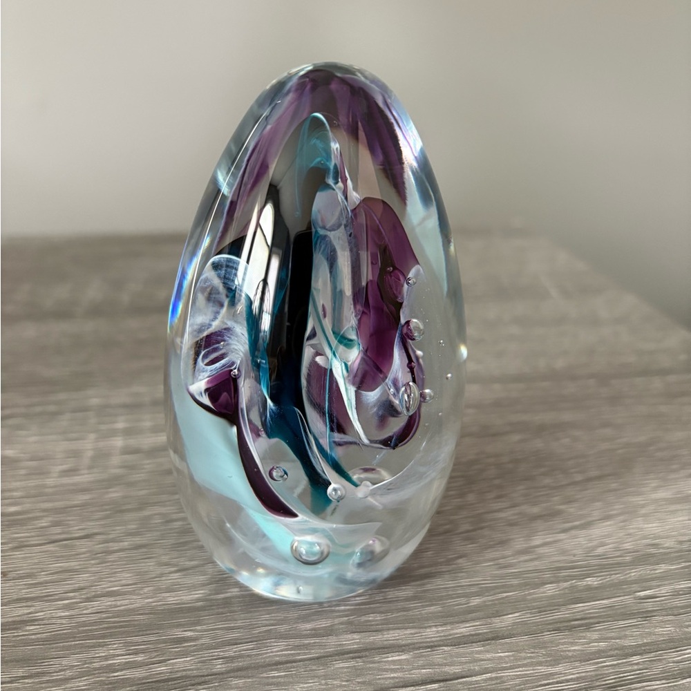 Deep Purple and Aqua Swirl Glass Art Egg Shaped Paperweight